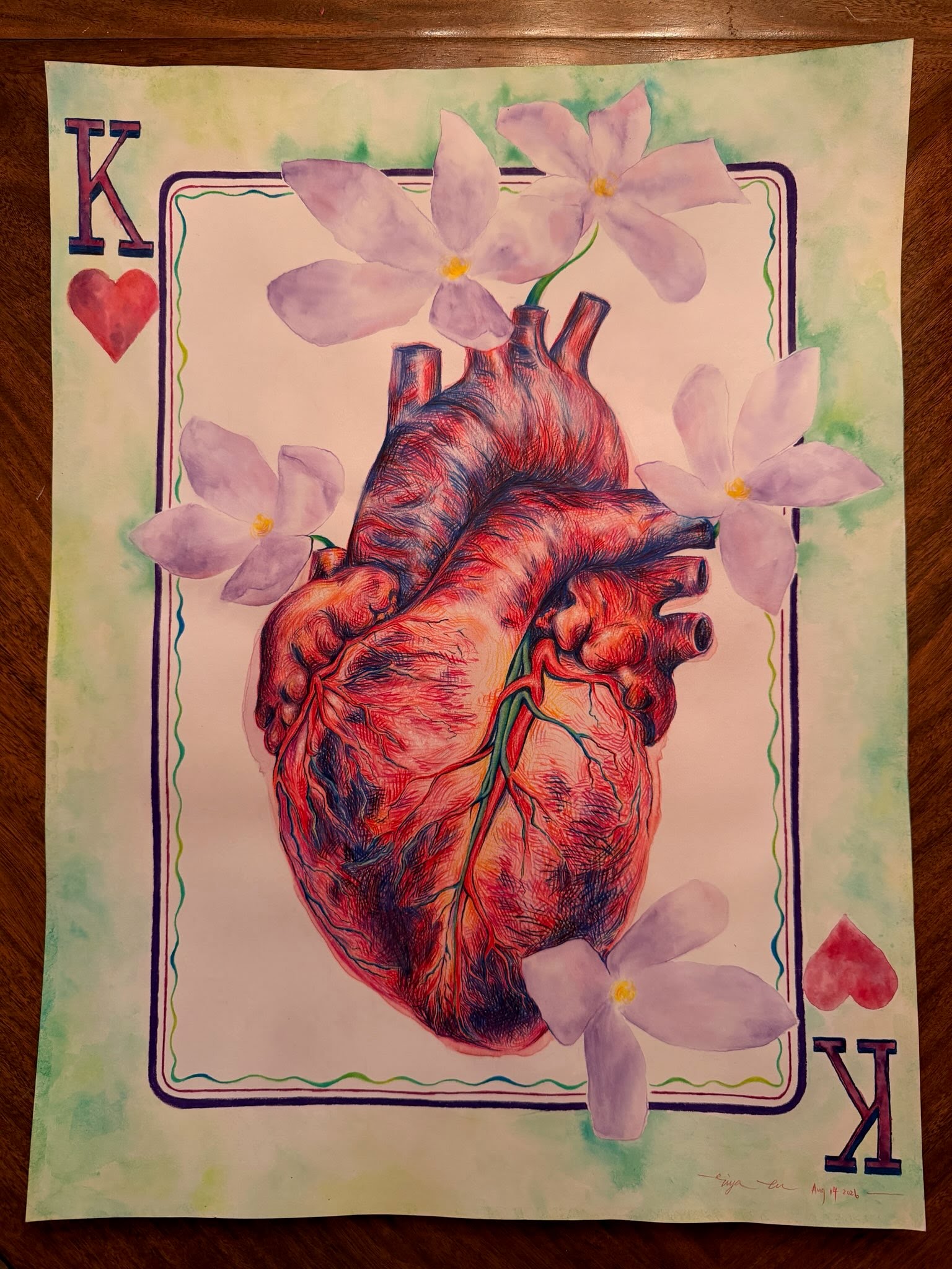 Ziya Lu's anatomical heart artwork with lilac flowers